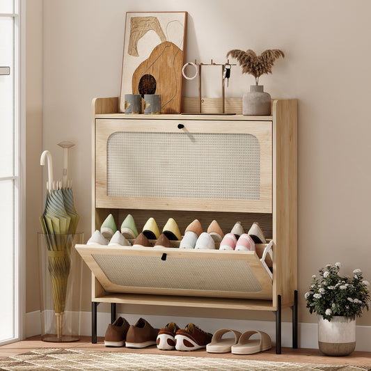 HOMCOM Shoe Cabinet With 2 Flip Drawers For Narrow Spaces Boho Oak Finish 12 To 16 Pairs Storage