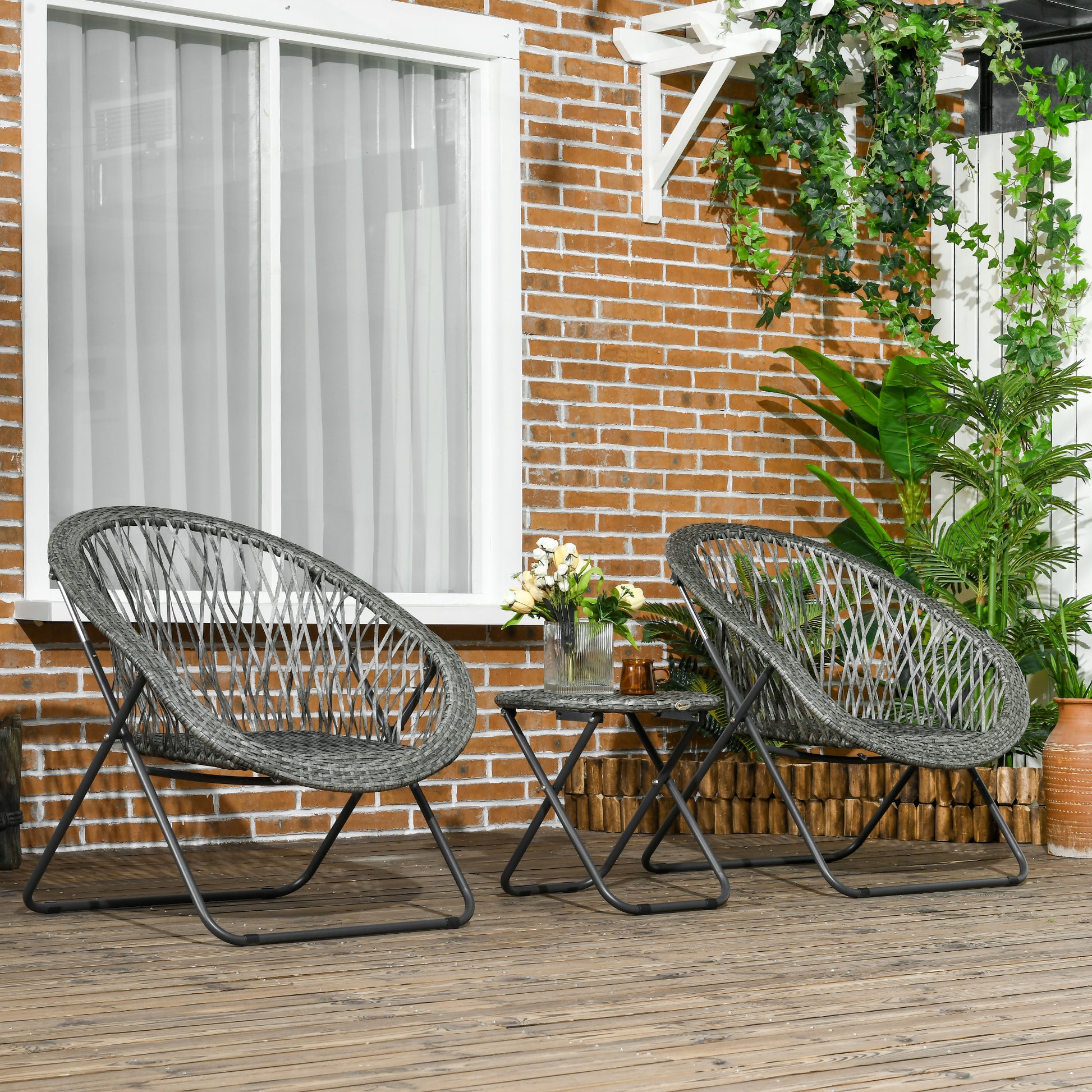 Outsunny Stylish Grey Outdoor Rattan Bistro Set for Two - Foldable 3-Piece Garden Furniture with Table and Chairs - ALL4U RETAILER LTD