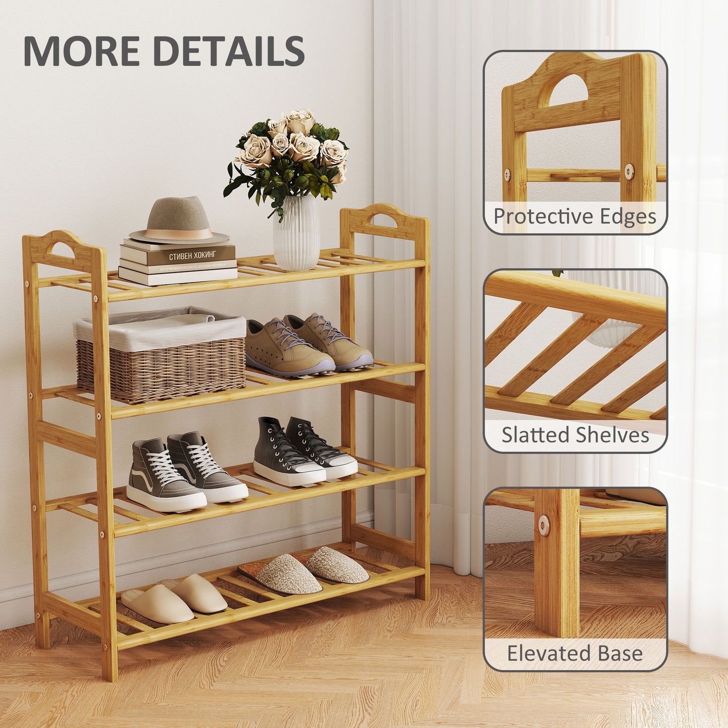 HOMCOM Freestanding Bamboo Shoe Rack 4 Tier Shoe Shelf Stand For Hallway Living Room Bedroom Natural Wood Finish