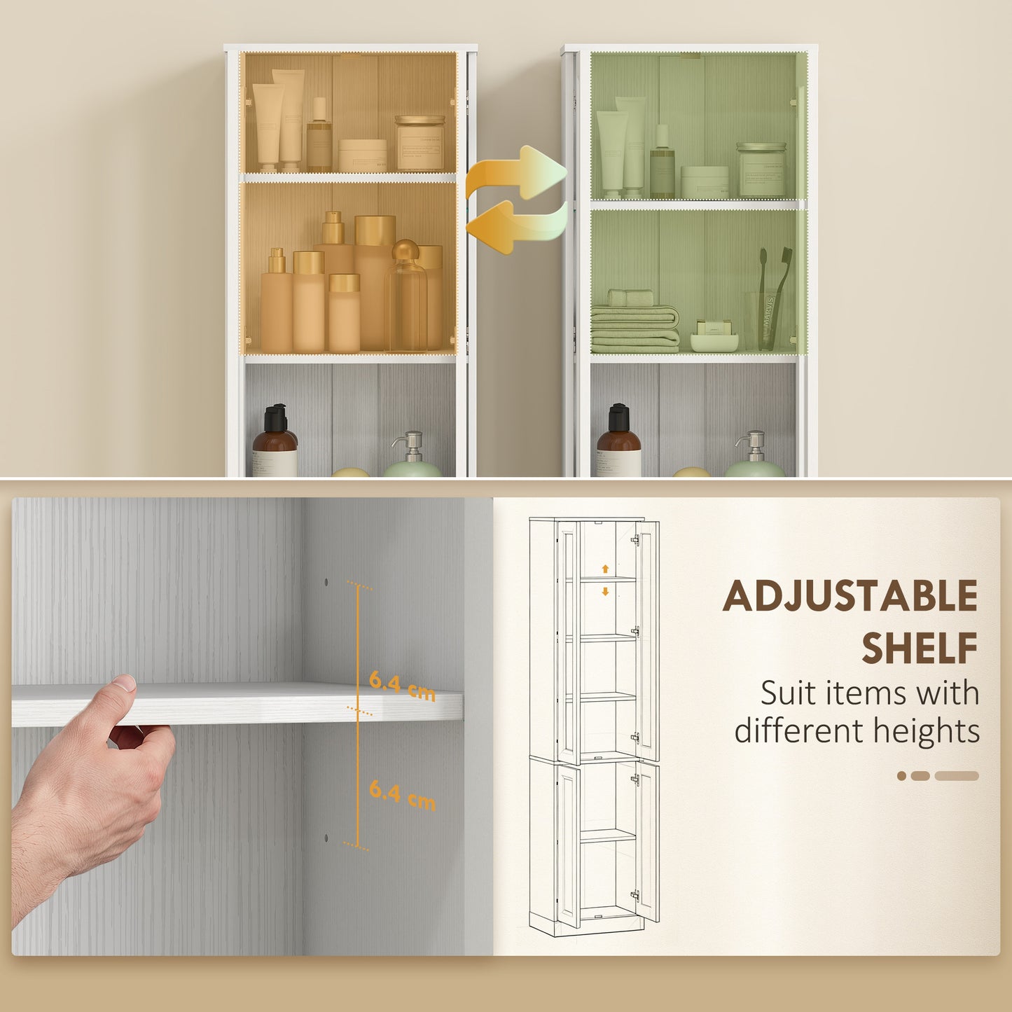 HOMCOM Tall Bathroom Storage Cabinet Six Tier Slim Design With Adjustable Shelf Four Soft Close Doors White