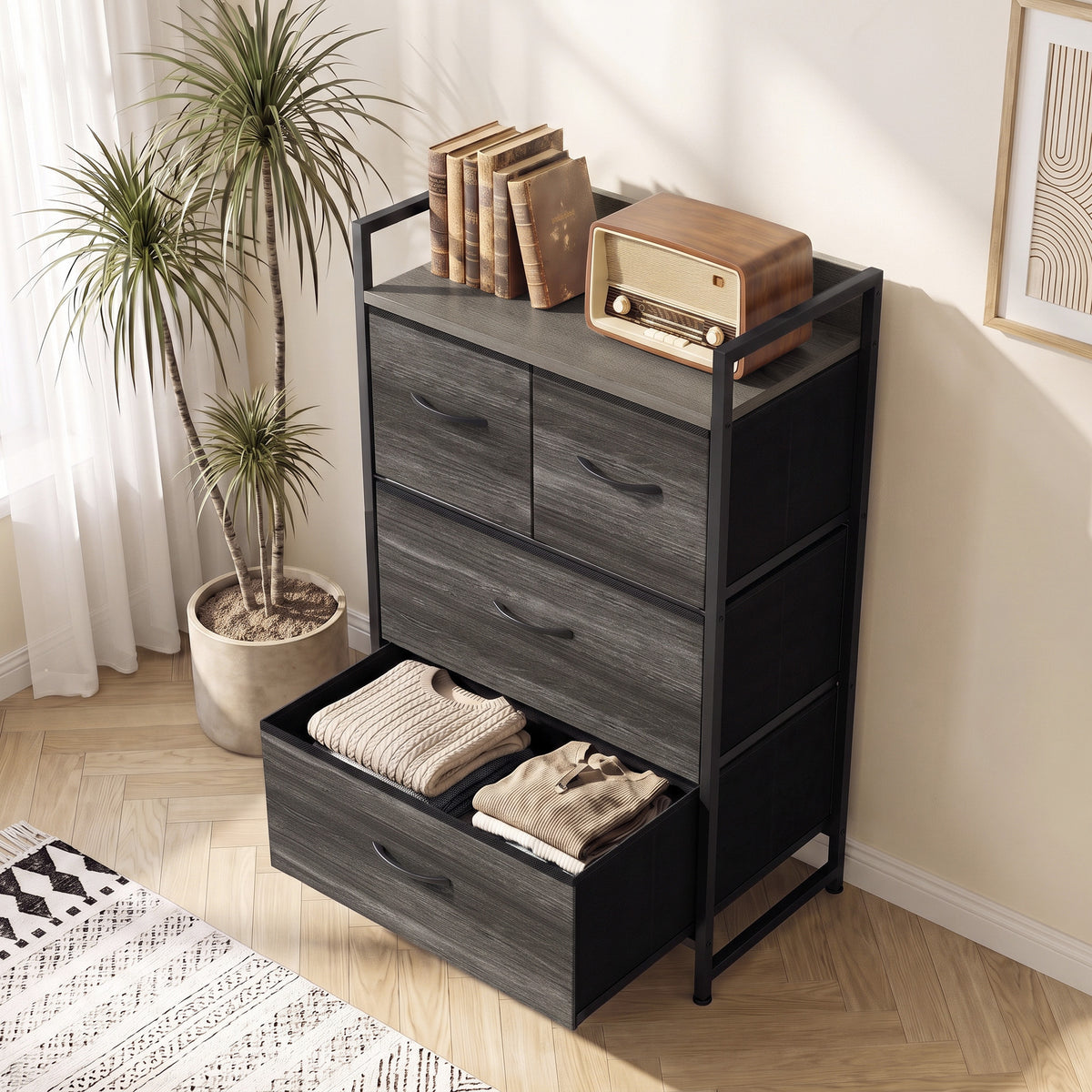 Grey wood-effect dresser with open top shelf and four drawers, black side frame