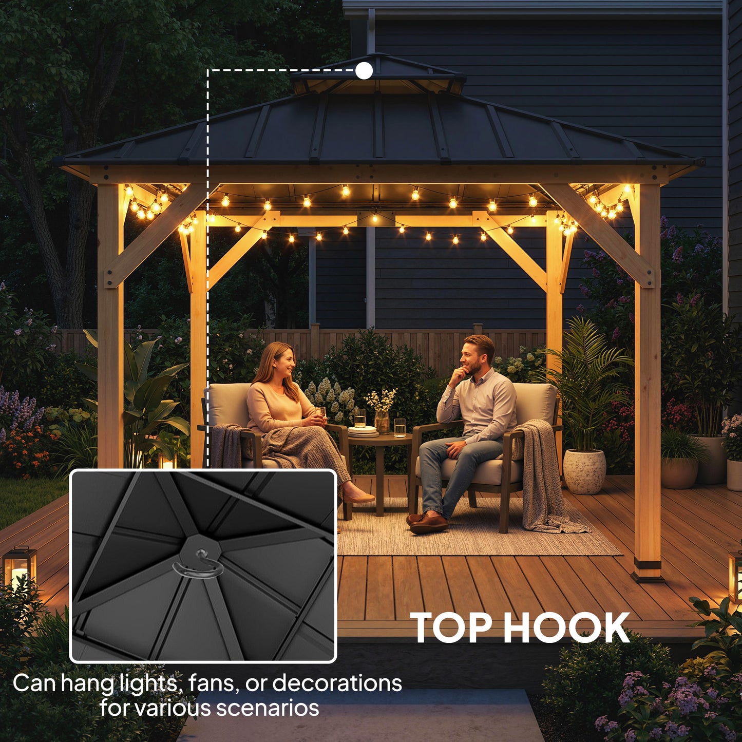 Outsunny 3m x 3m Hardtop Gazebo With Curtains Wood Garden Grey 2 Tier Steel Roof Rainproof Sun Protection UPF50