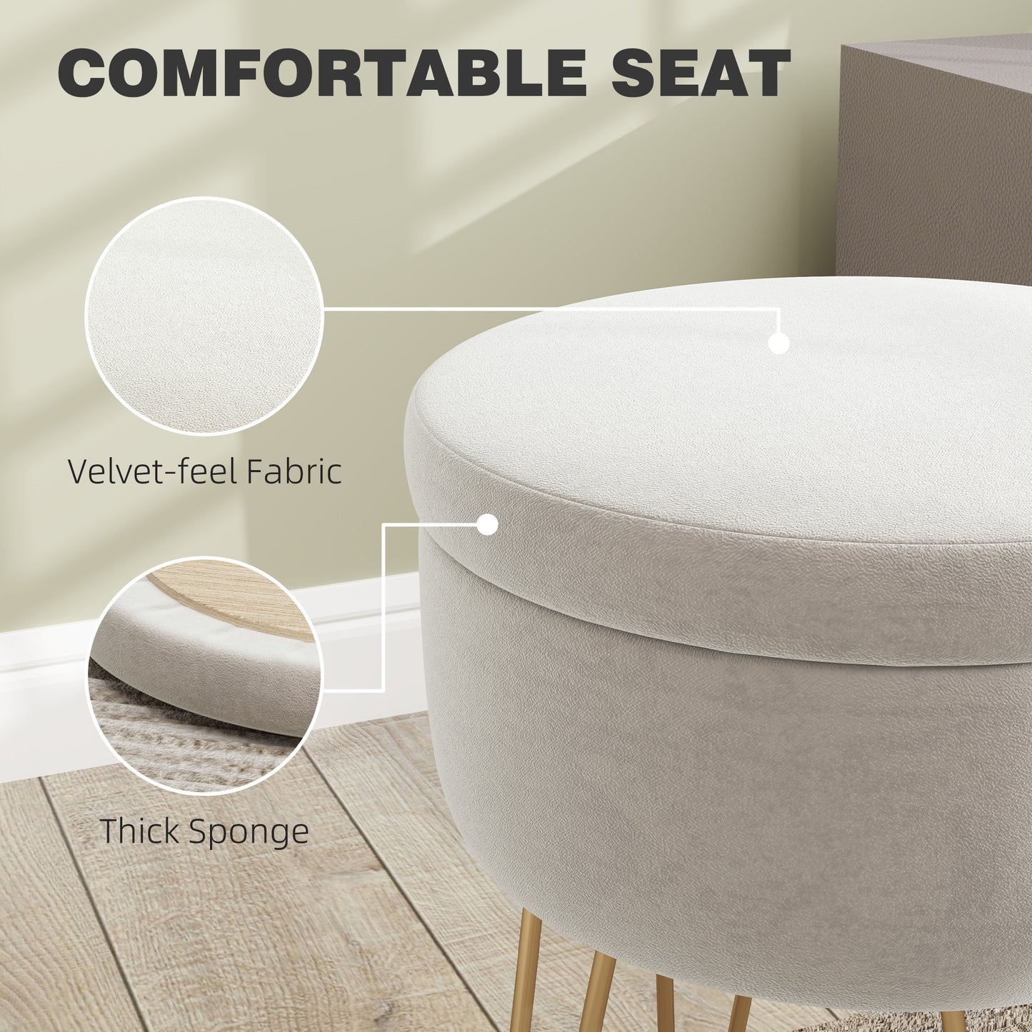HOMCOM Velvet Feel Storage Ottoman 5L Cream White With Gold Hairpin Legs Luxurious Upholstery