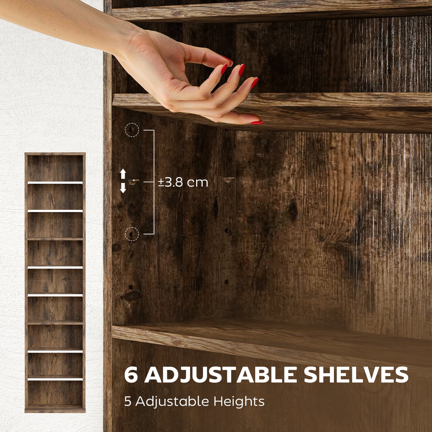 HOMCOM 260 Narrow CD Storage Unit Rustic Brown With Six Adjustable Shelves Holds Up To 260 CDs Or 120 DVDs Anti Tip