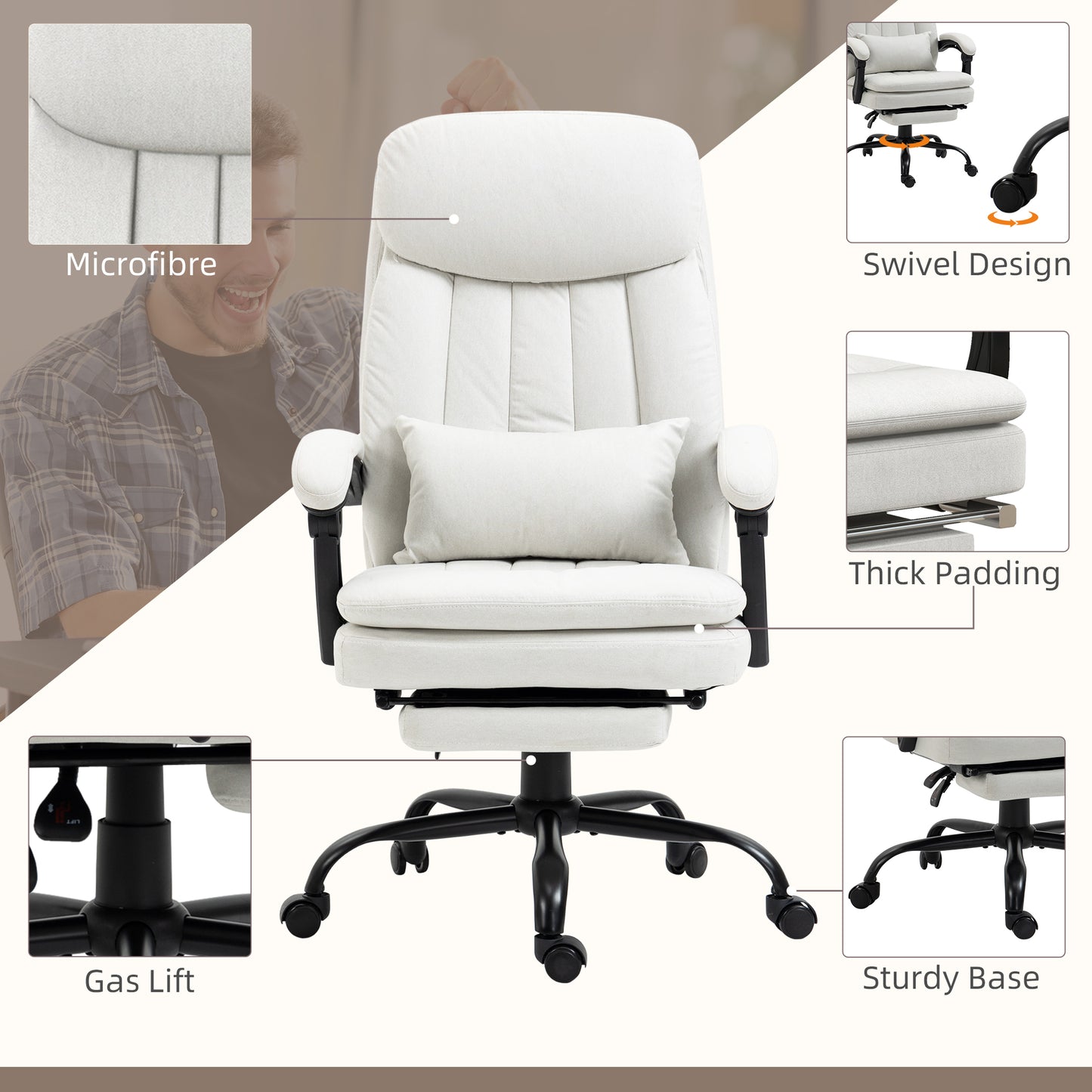 Vinsetto Cream White Vibration Massage Office Chair with Heat & Footrest, Reclining Back & Lumbar Support Pillow - ALL4U RETAILER LTD