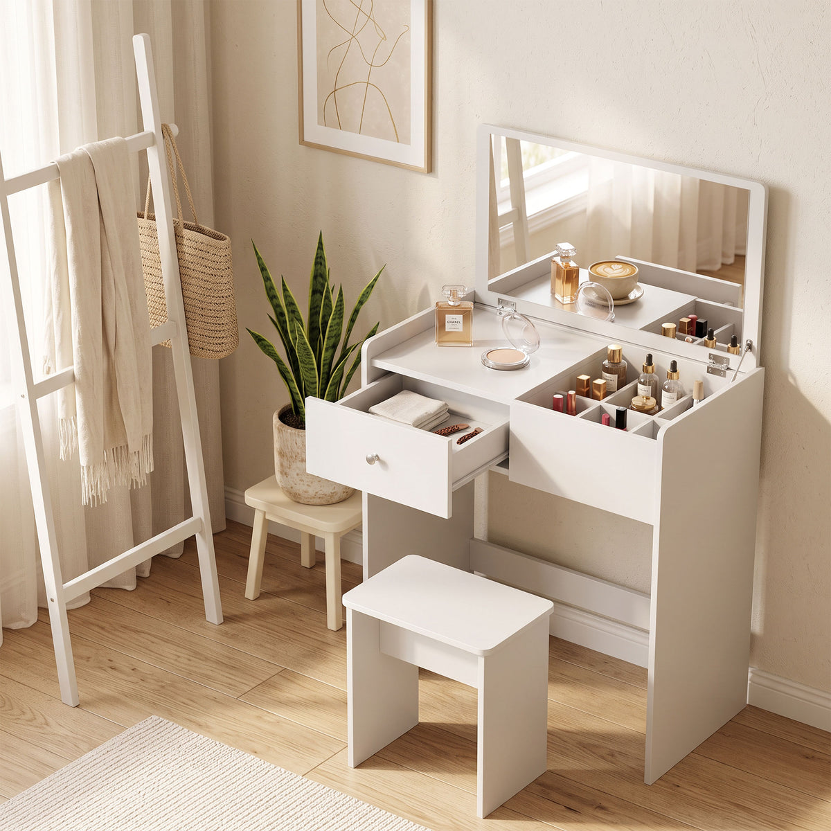 White vanity desk with mirror, open storage drawers, and matching stool