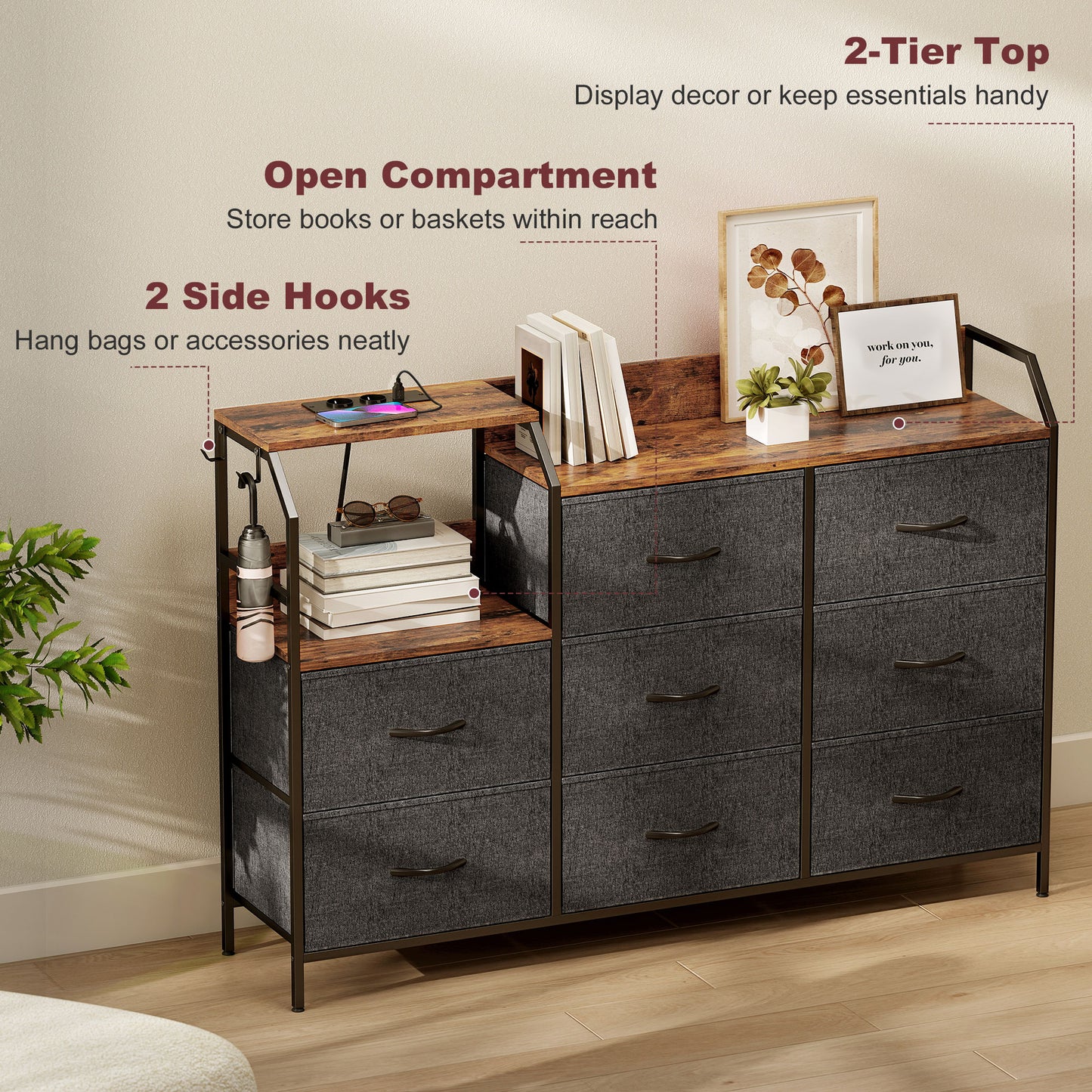 HOMCOM Chest Of Eight Drawers With Charging Station Brown And Black Fabric Dresser