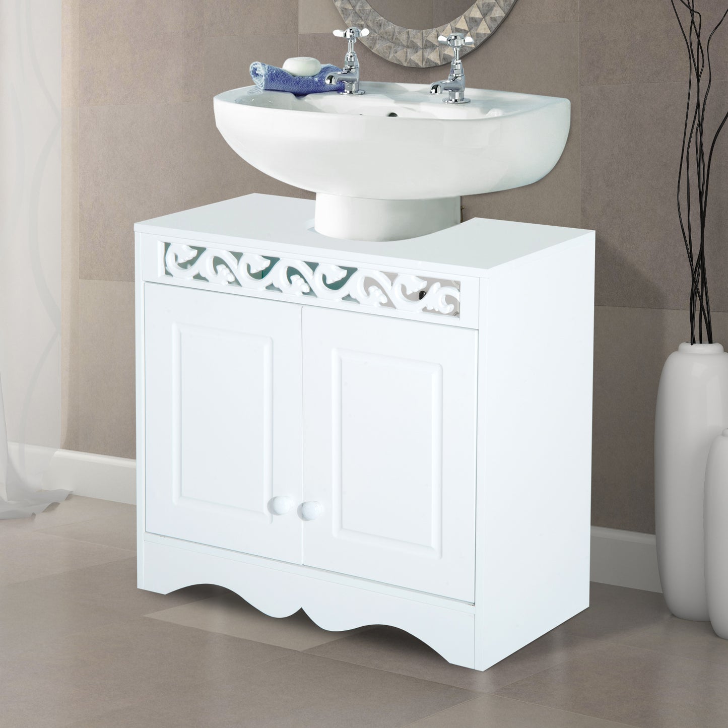 HOMCOM Stylish White Under Sink Bathroom Cabinet with Double Doors and Storage Shelves - ALL4U RETAILER LTD