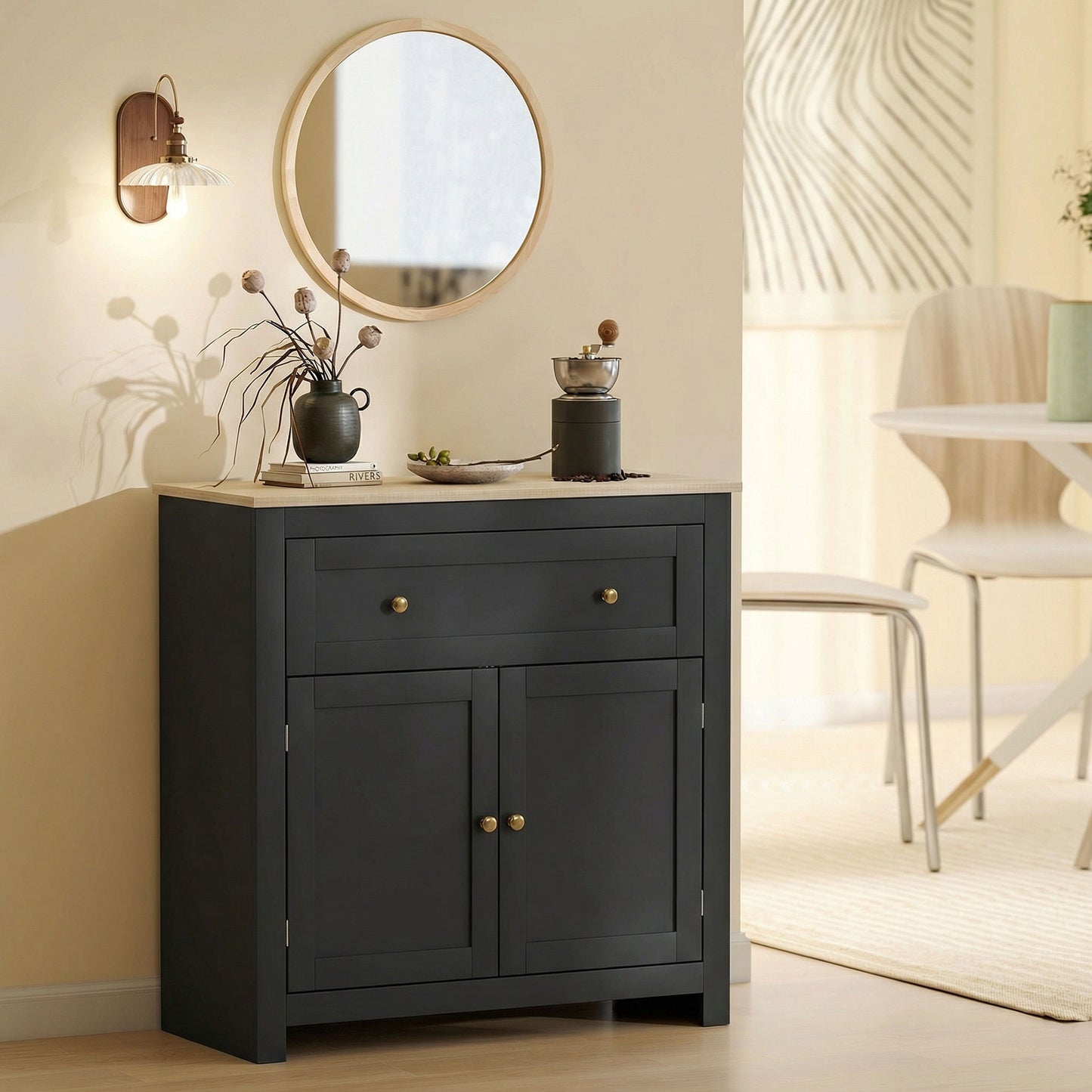 HOMCOM Sideboard Storage Cabinet With Adjustable Shelf Drawer And Double Doors Black Modern Kitchen Cupboard
