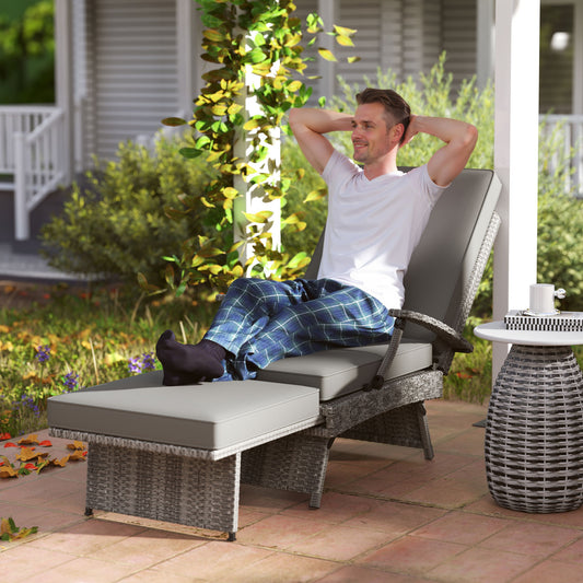Outsunny 80 Degree Reclining Rattan Lounger With Adjustable Backrest And Footrest Grey Garden Chair