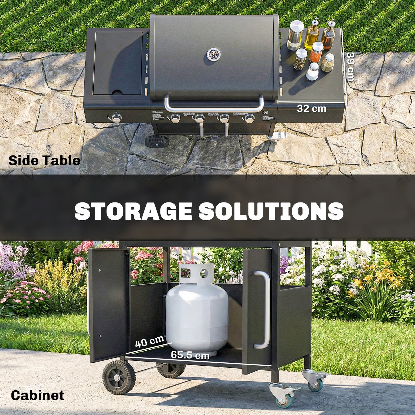 Outsunny 5 Burner Gas BBQ Grill With Storage Cabinet And Side Table, 15.2 kW Trolley, Warming Rack, 4 Wheels