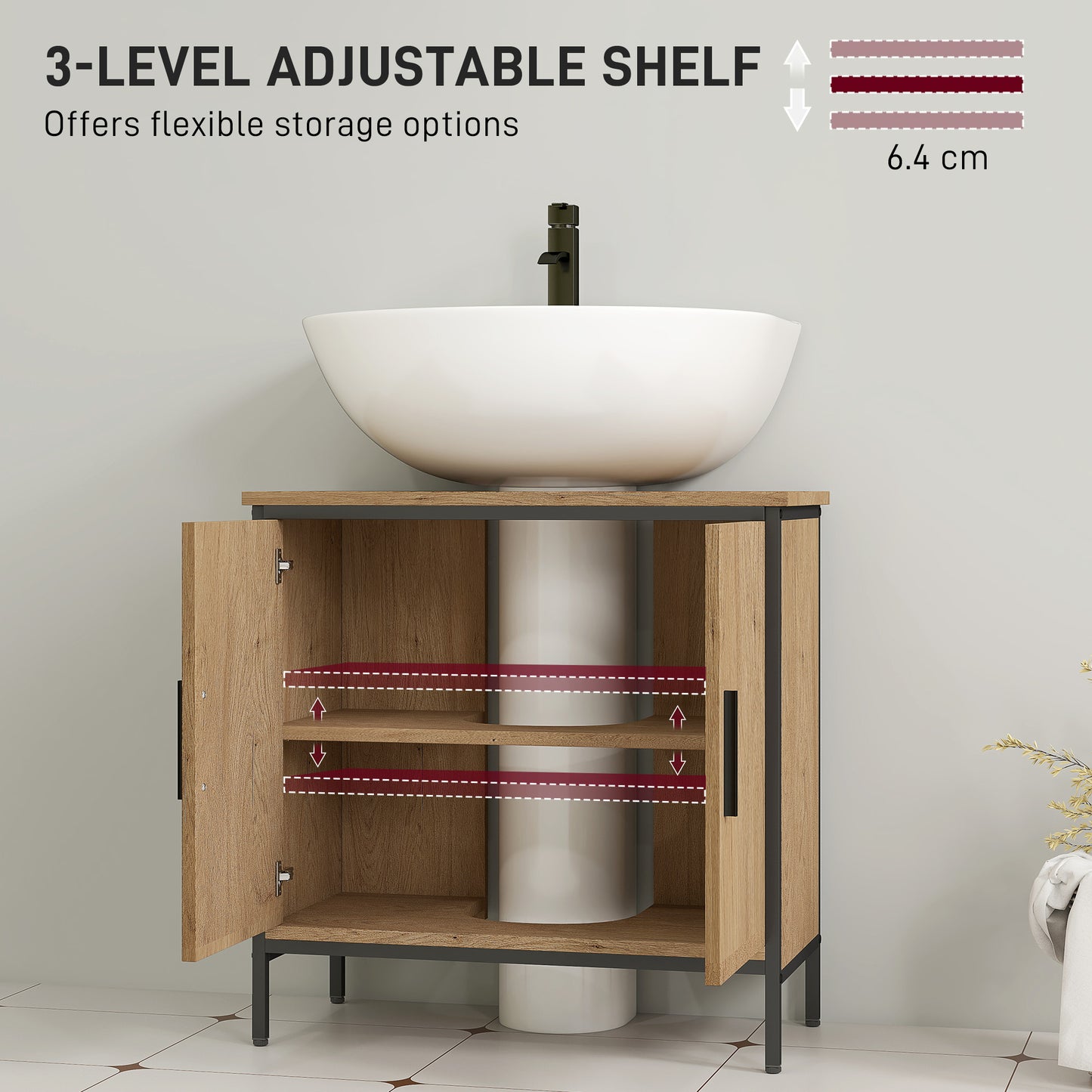 HOMCOM Bathroom Vanity Unit Under Sink Storage Cabinet With Two Doors Adjustable Shelf For Basin Without Pedestal Oak