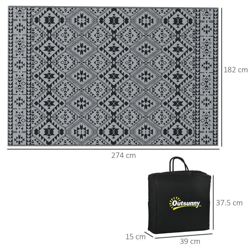 Outsunny Reversible Outdoor Rug - Portable Black and Grey RV Mat with Carry Bag, 182 x 274cm - ALL4U RETAILER LTD