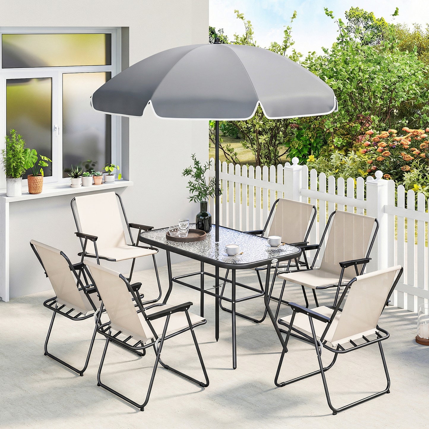 Outsunny 8 Piece Garden Dining Set With Umbrella, 6 Folding Chairs, Tempered Glass Table For Patio Cream