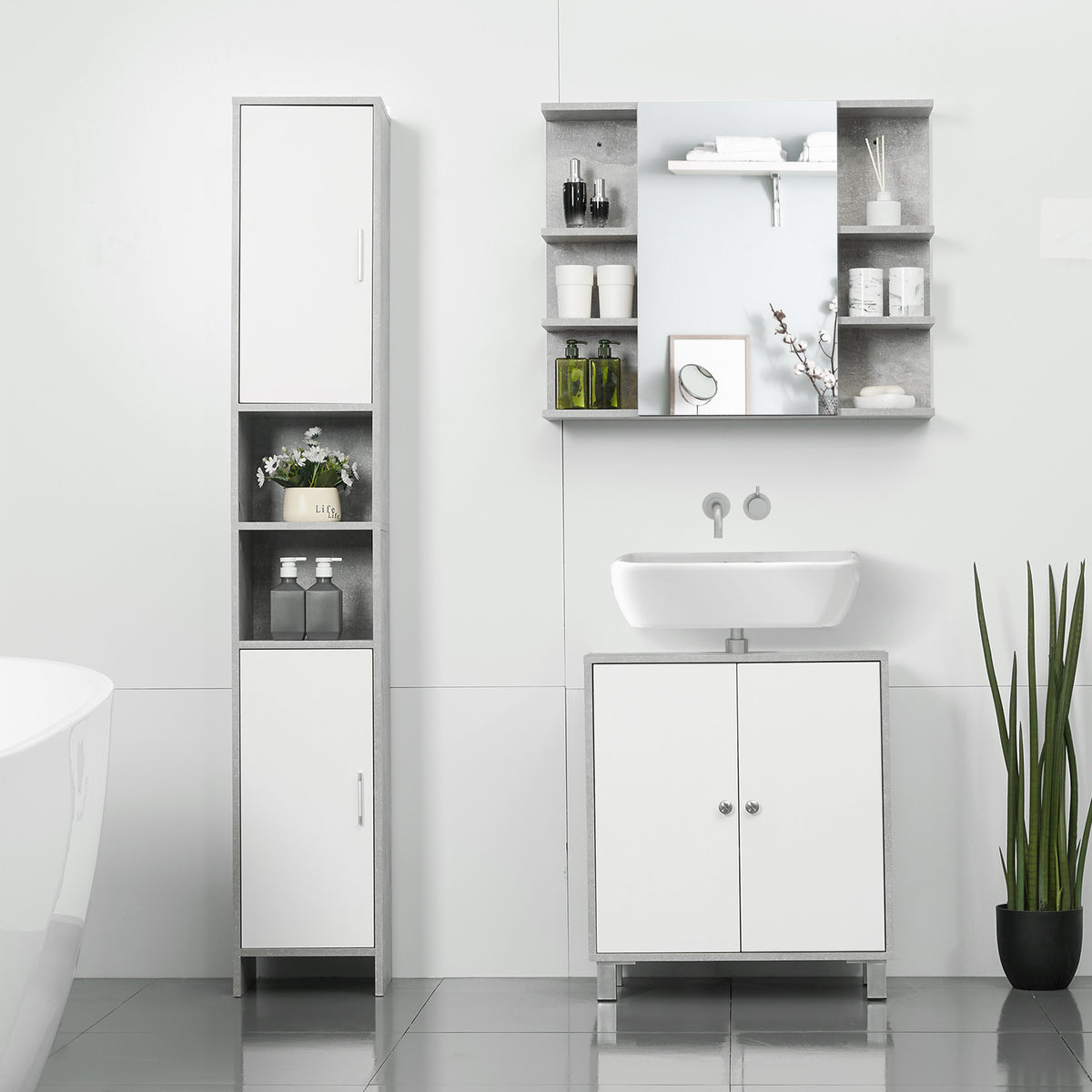 Grey and white bathroom cabinet unit with side cupboards and open shelf cubbies