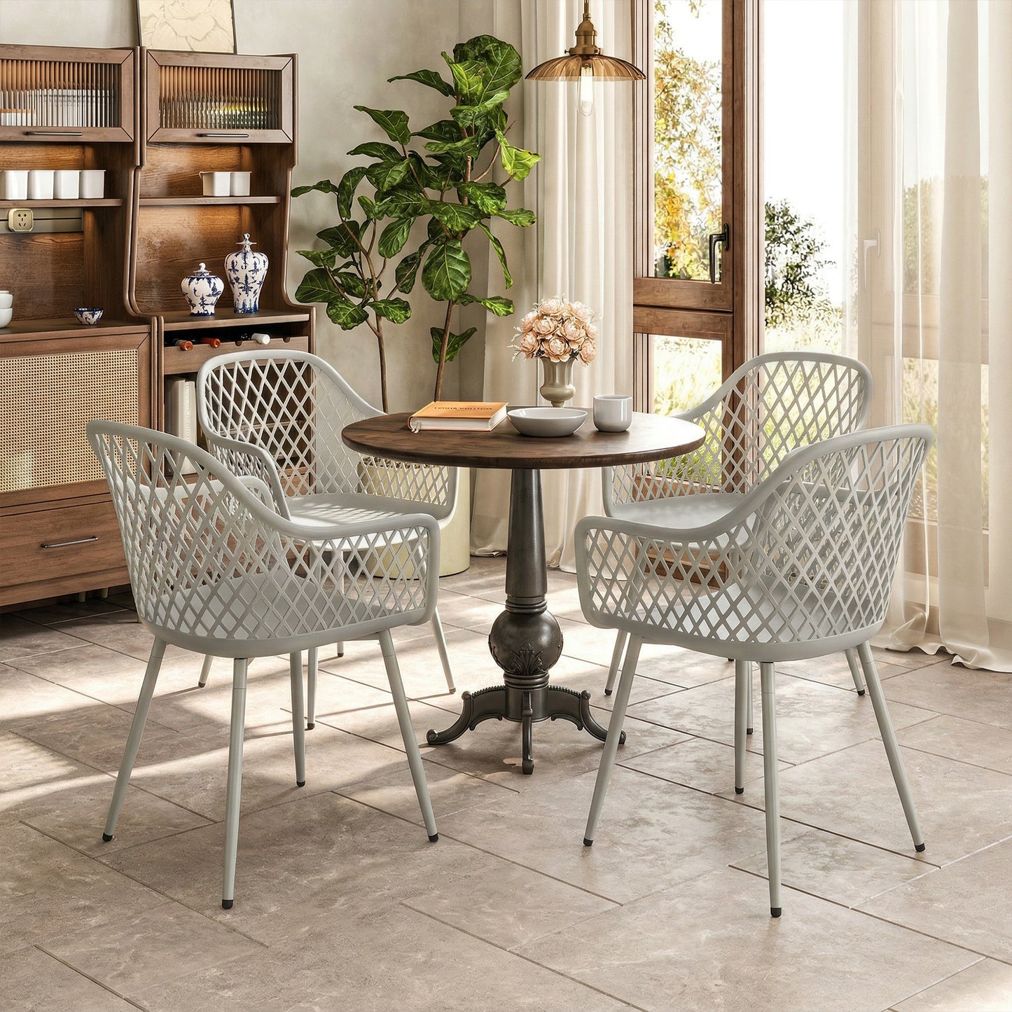 Outsunny Garden Chairs Set Of 4 Outdoor Dining Chairs With Cutout Diamond Back And Armrests Grey For Patio