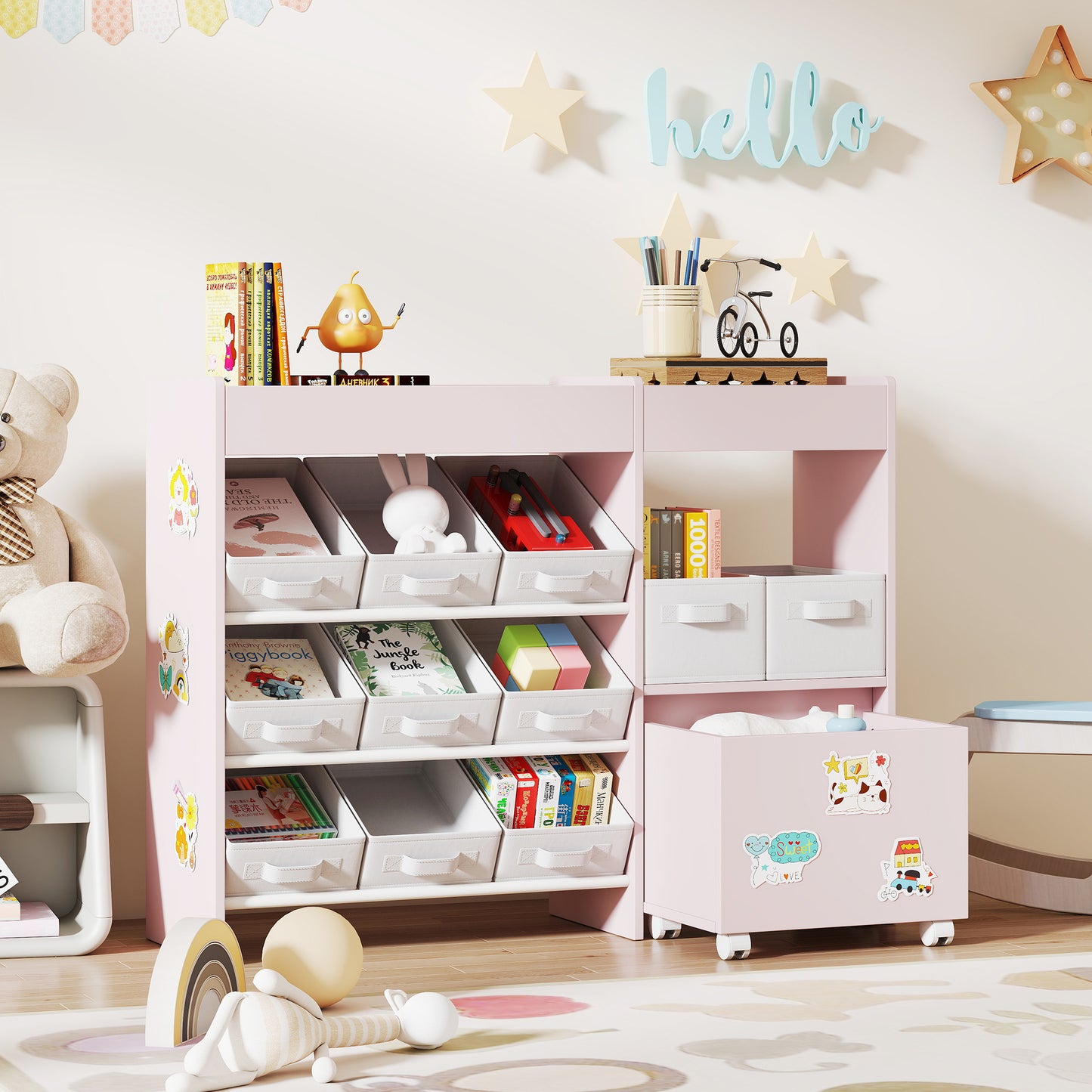 AIYAPLAY Kids Toy Storage Unit With 11 Fabric Bins Cabinet Top Shelves And 3 Stickers Pink For Nursery Playroom