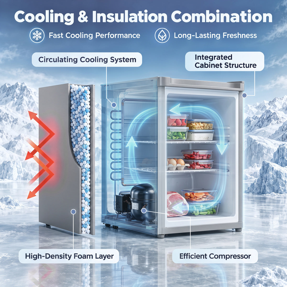 Mini freezer cooling system illustration with insulated cabinet and compressor