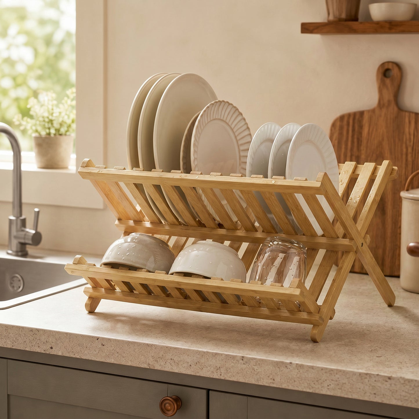 HOMCOM 2 Tier Foldable Bamboo Kitchen Storage Rack With Slatted Drying Shelves Natural Wood Finish