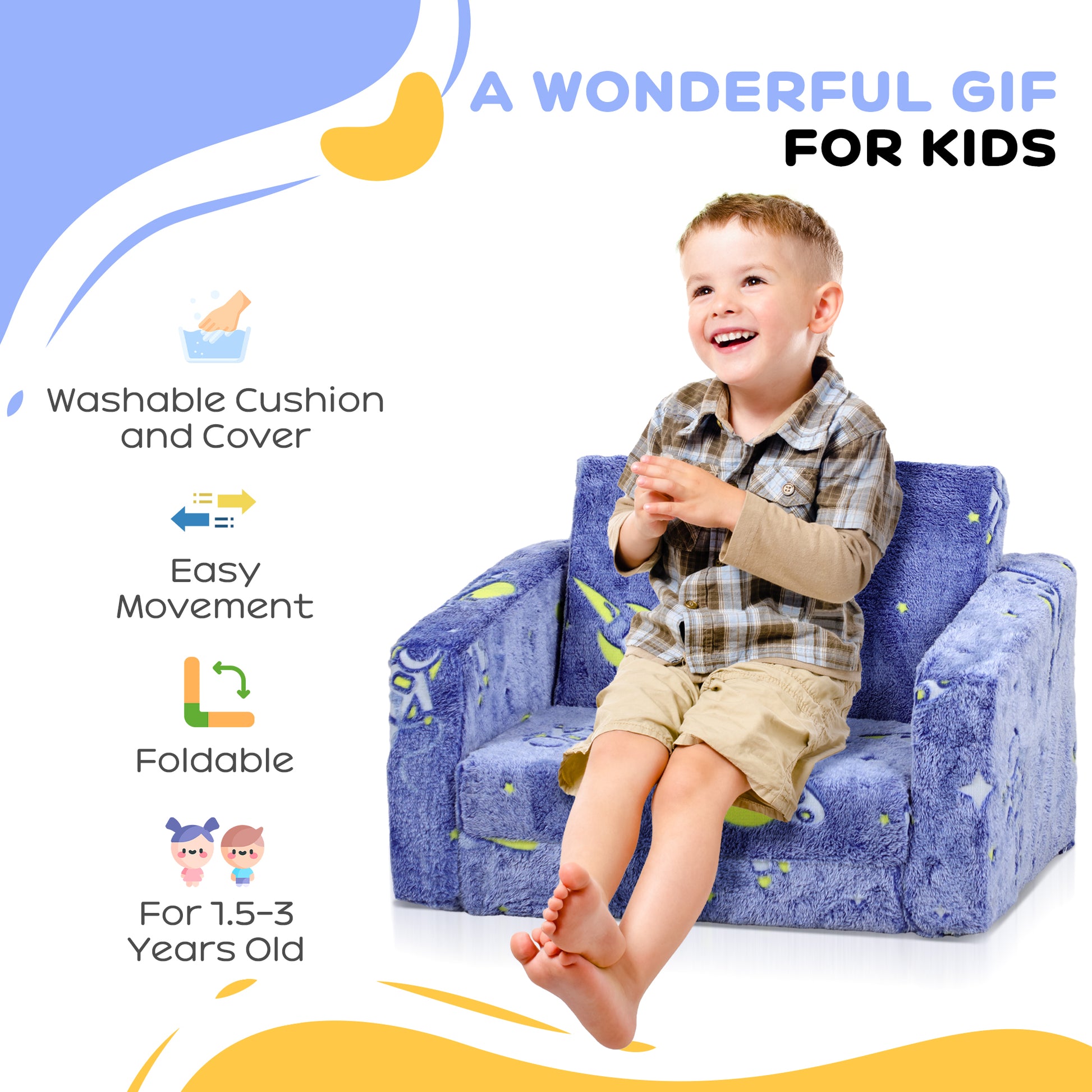 AIYAPLAY Glow-in-the-Dark Cosmic Children's Sofa Bed - 2-in-1 Foldable Chair and Bed for Kids, Washable Cushion, Blue - ALL4U RETAILER LTD