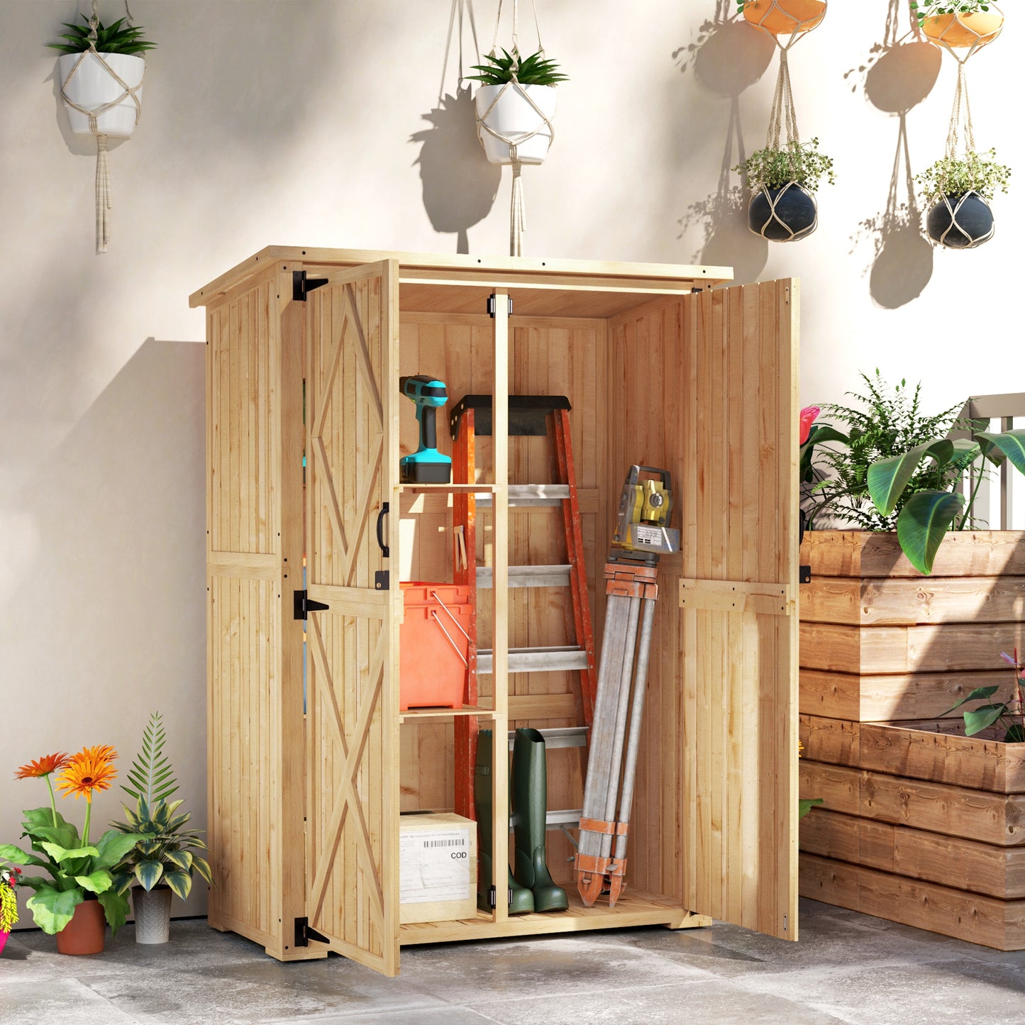 Outsunny Wooden Garden Storage Shed With Asphalt Roof Double Doors And Two Shelves For Garden Tools Equipment Natural