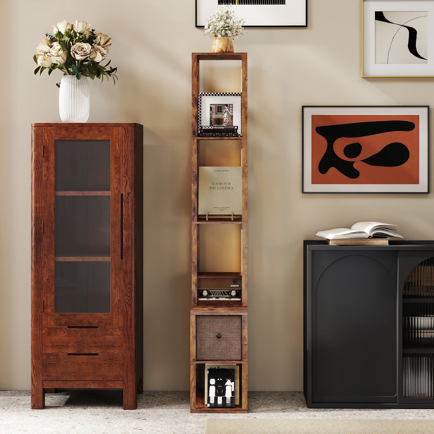 HOMCOM Floor Lamp With Shelves LED Column Standing Fabric Drawer Adjustable Brightness Foot Switch Rustic Brown