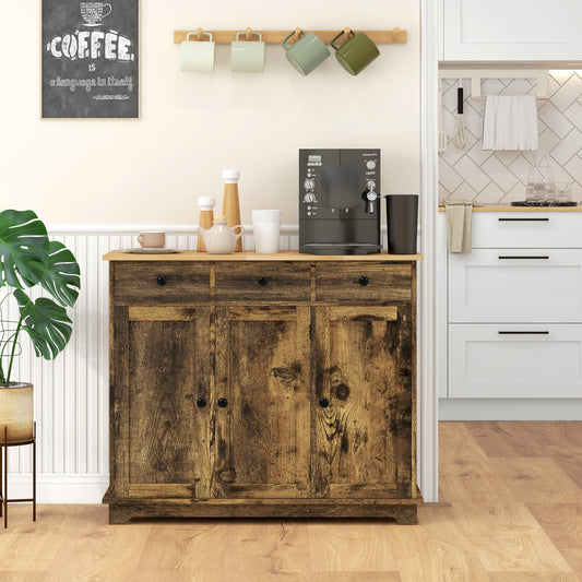 HOMCOM Sideboard Storage Cabinet With Rubberwood Top And Adjustable Shelves For Dining Room Kitchen Rustic Brown