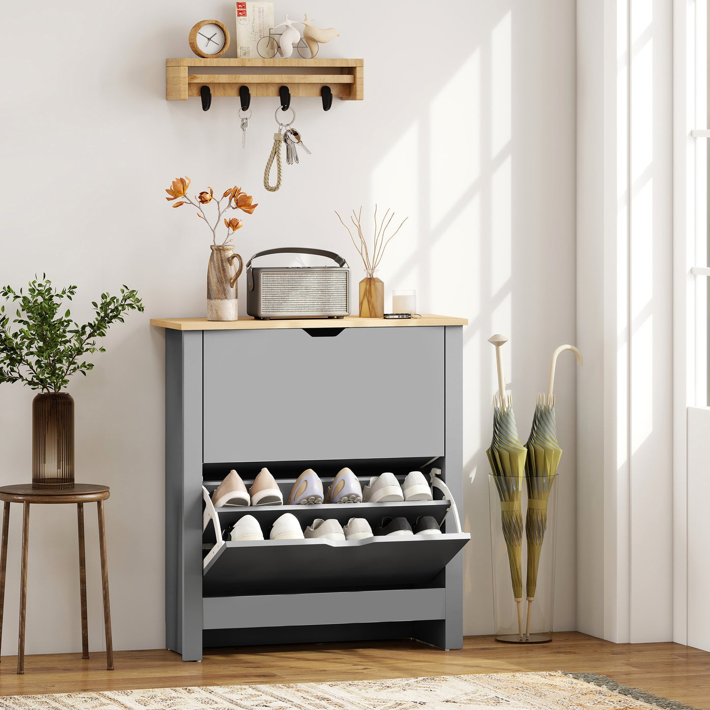 HOMCOM Slim Shoe Cabinet Narrow Shoe Cupboard With 2 Flip Drawers Adjustable Shelves For 12 Pairs Of Shoes Light Grey