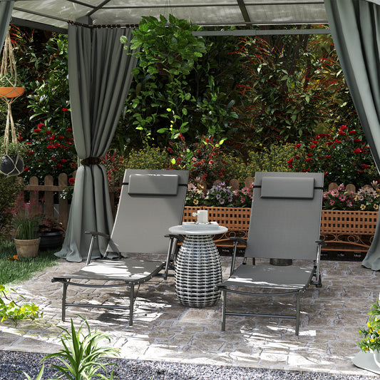 Outsunny Set of Two Adjustable Back Sun Loungers in Grey with Quick Dry Mesh and Head Pillows