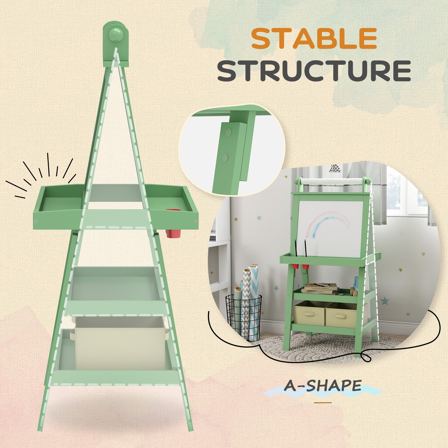AIYAPLAY 3 In 1 Kids Easel Double Sided Magnetic Whiteboard And Chalkboard With Paper Roll Storage Baskets Green