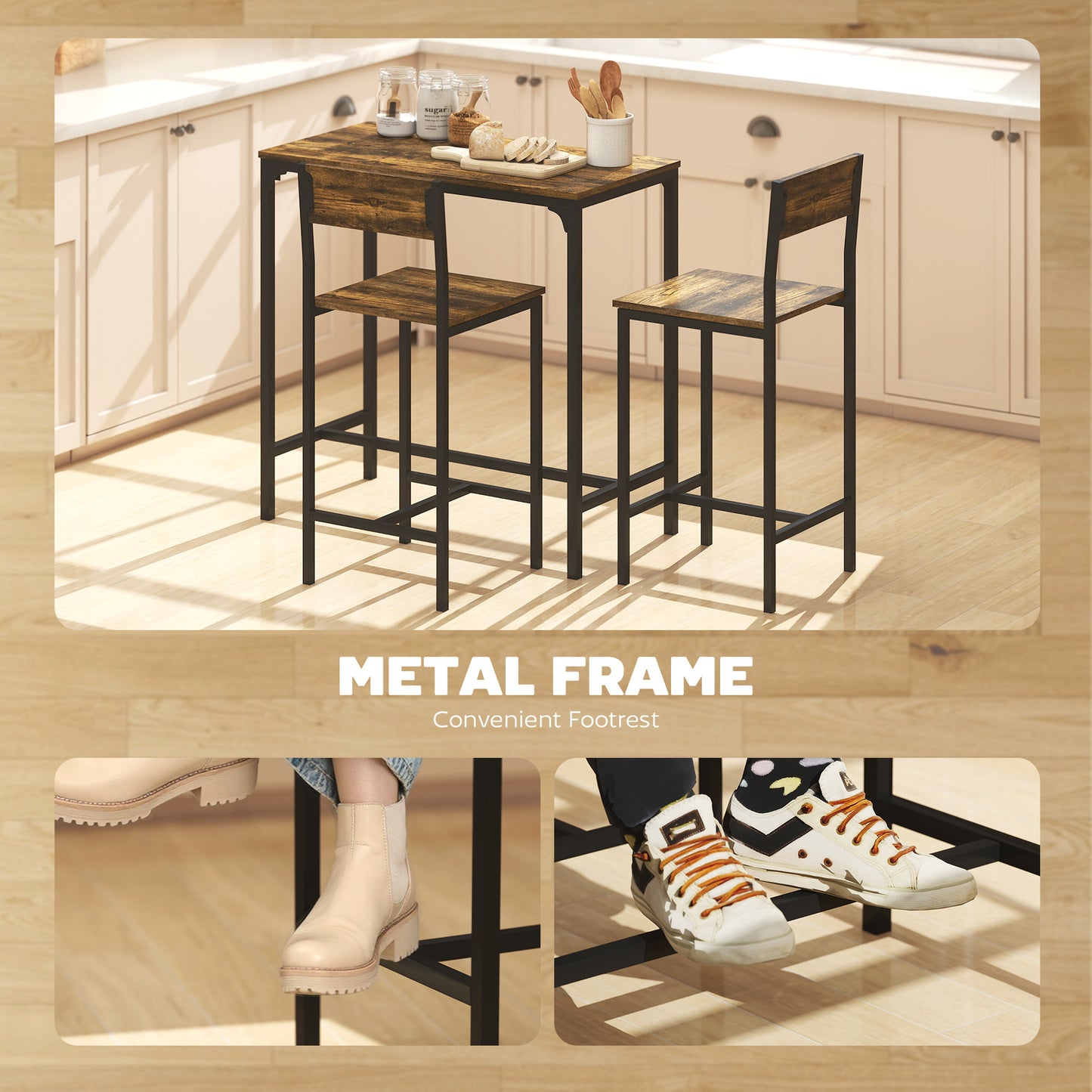 Homcom 3 Piece Bar Table Set With 2 Stools Breakfast Bar Set With Footrest Backrest For Dining Room Small Space
