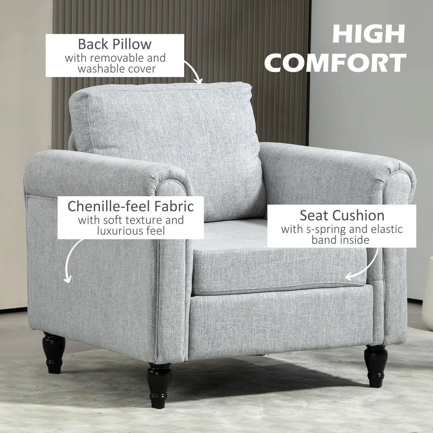 HOMCOM Classic Light Grey Upholstered Accent Chair with Removable Pillow and Rolled Arms - ALL4U RETAILER LTD