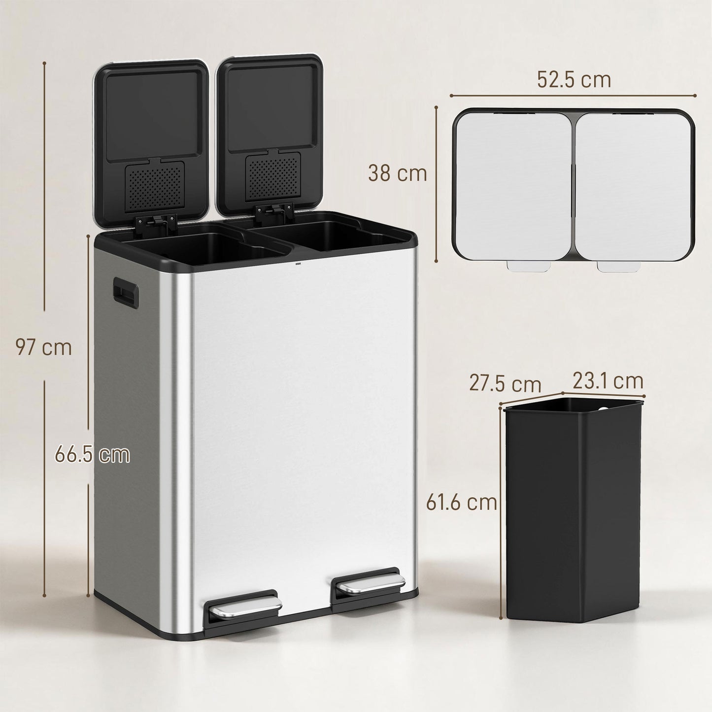 Homcom Dual Compartment Kitchen Waste Bin 60L Stainless Steel Pedal Soft Close
