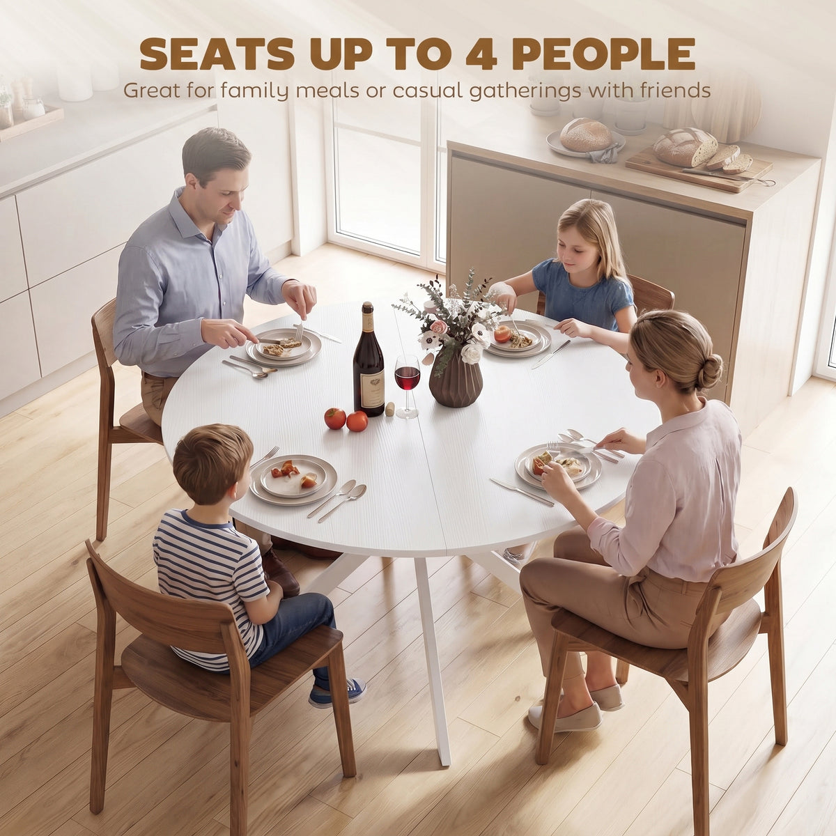 Round dining table with light wood-effect top and white steel X legs