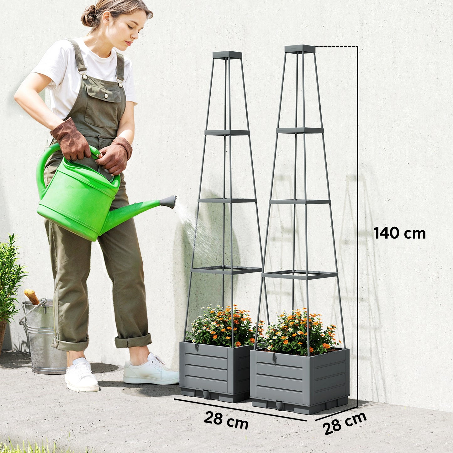 Outsunny Two Pack Raised Garden Bed With Trellis Plastic Outdoor Planter Box Removable Drainage Tray