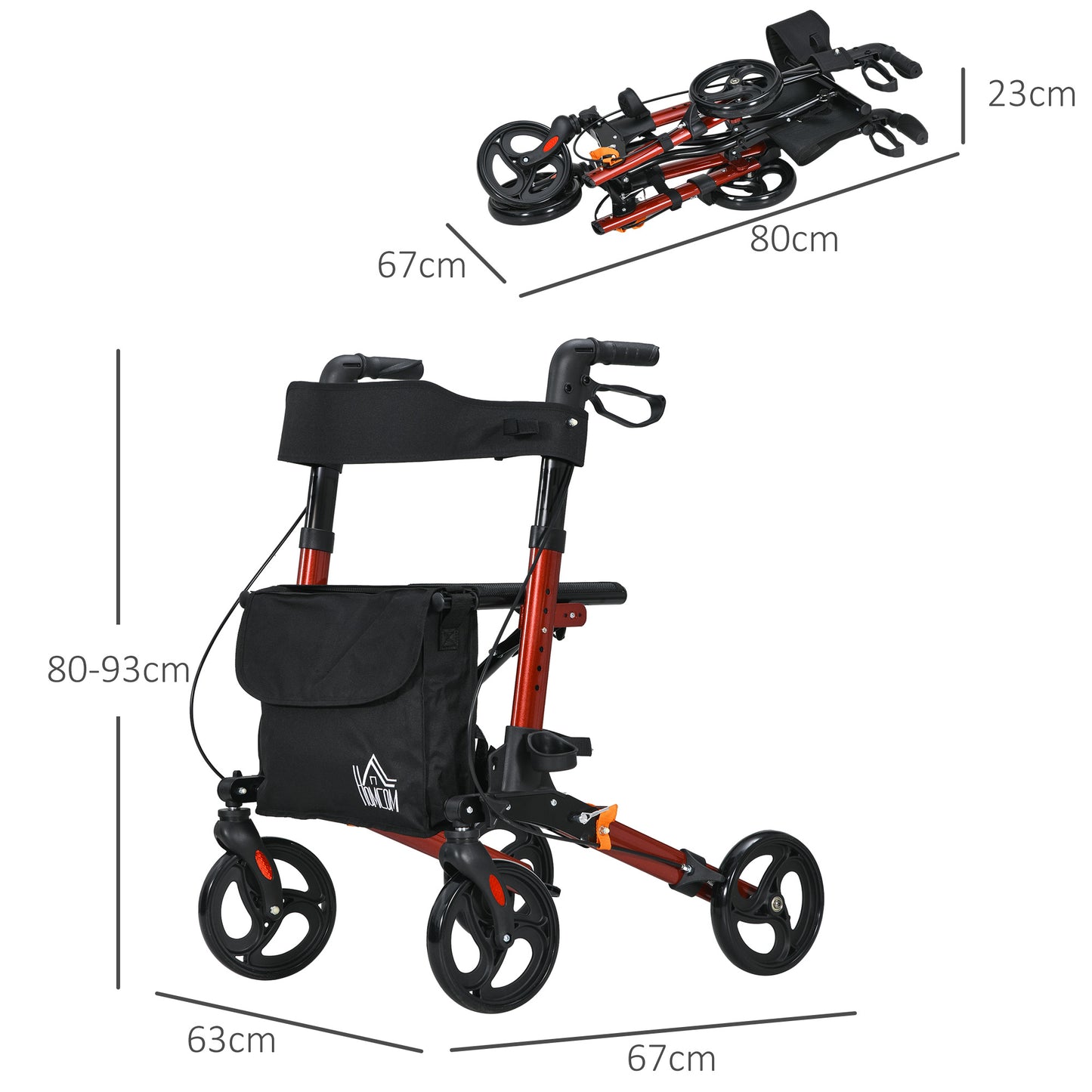 HOMCOM Adjustable Height Folding Rollator with Seat, Dual Brakes & Carry Bag for Seniors - Lightweight Aluminium Walking Frame in Red - ALL4U RETAILER LTD