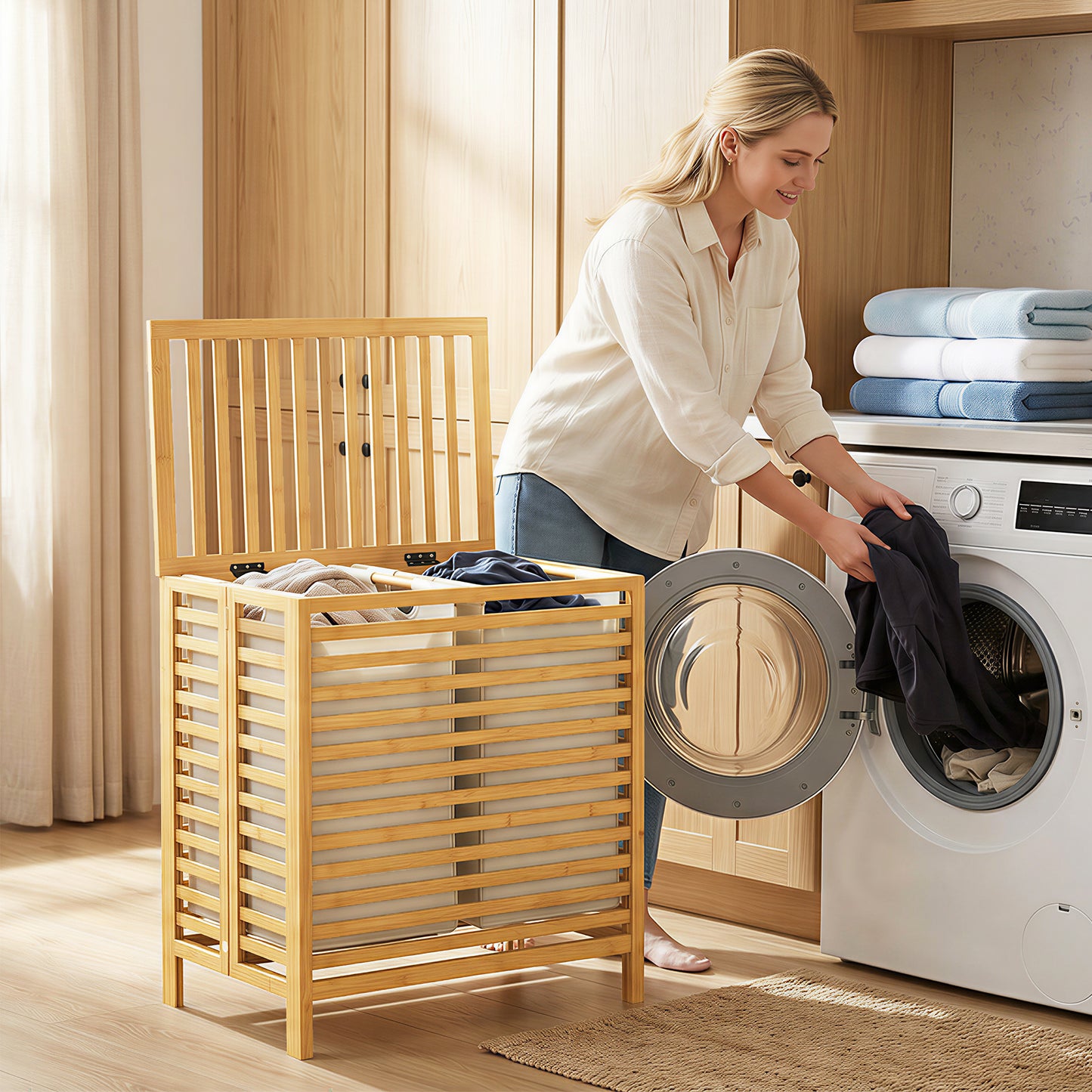 HOMCOM Bamboo Laundry Basket With Lid Two Baskets Foldable 64L Two 32L Bags Natural Cream White