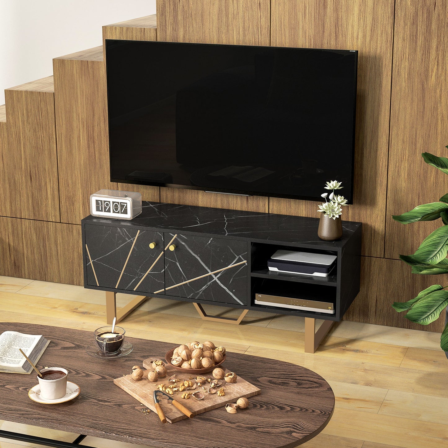 Modern Black Marble TV Stand with Storage for 50-Inch TVs, Versatile Living Room Unit - ALL4U RETAILER LTD