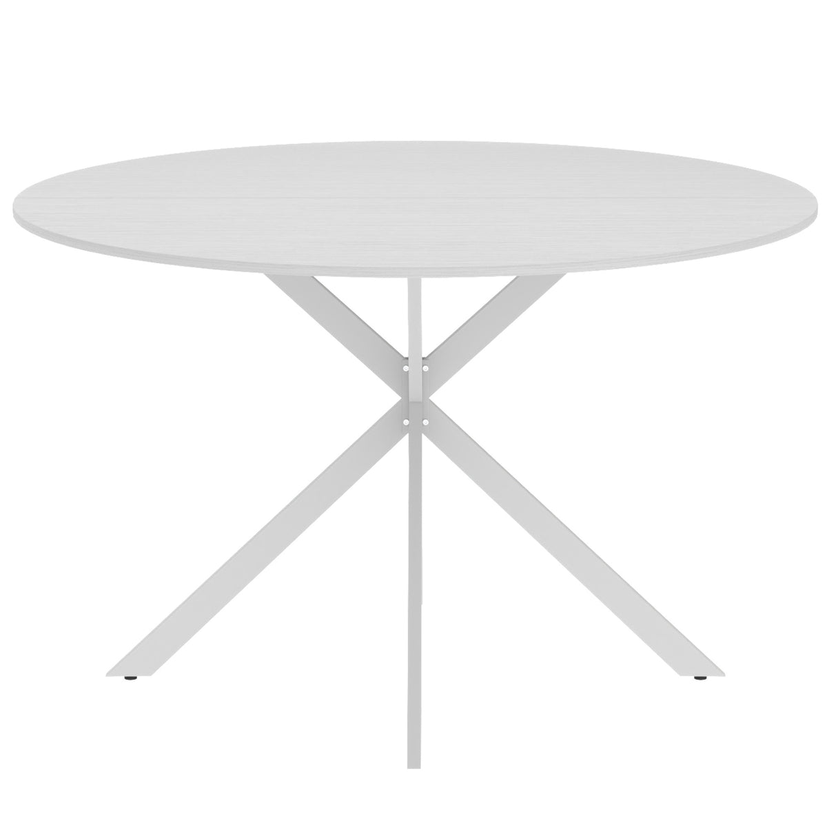 Round table with smooth white surface and white steel X-shaped pedestal legs