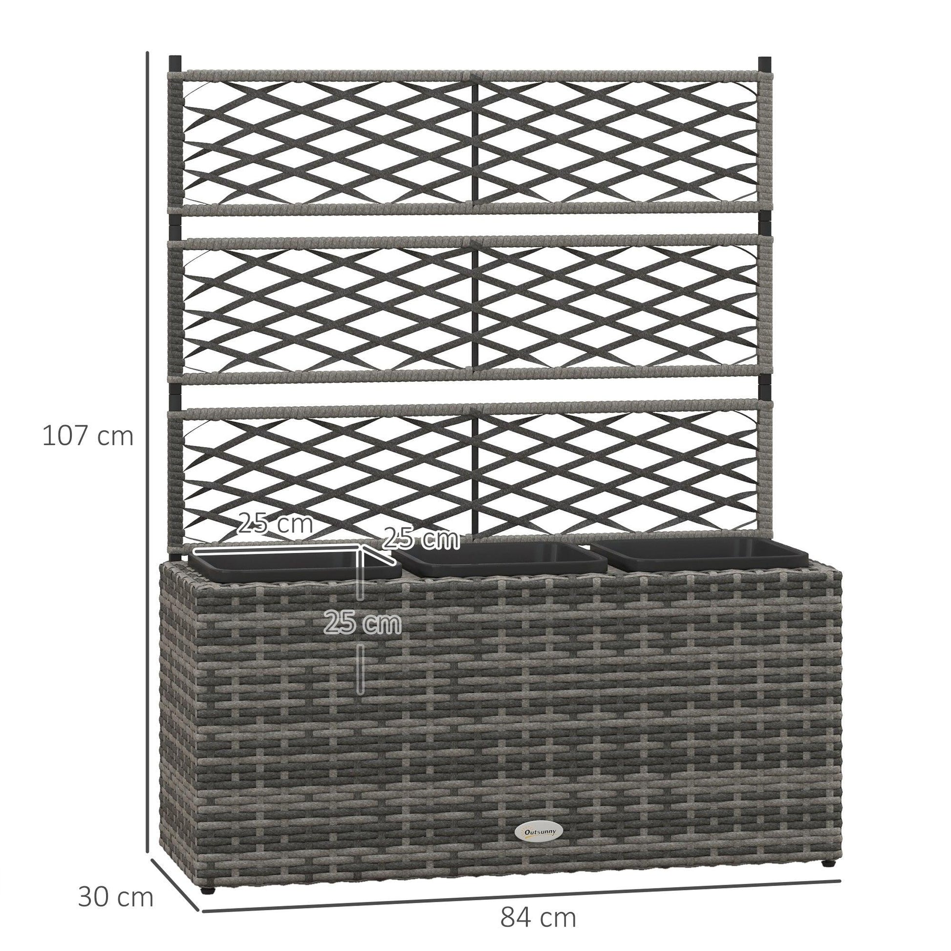 Outsunny 33L Garden PE Rattan Planter w/ Trellis, Free Standing Flower Raised Bed, Garden Planter for Climbing Plants, 84 x 30 x 107cm, Light Grey - ALL4U RETAILER LTD