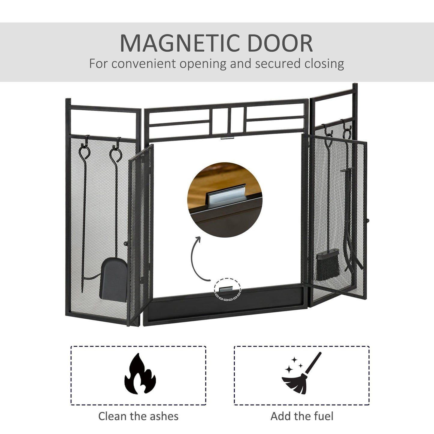 HOMCOM Black Steel Fireplace Screen with Double Door and Mesh Design - 122x80cm - ALL4U RETAILER LTD