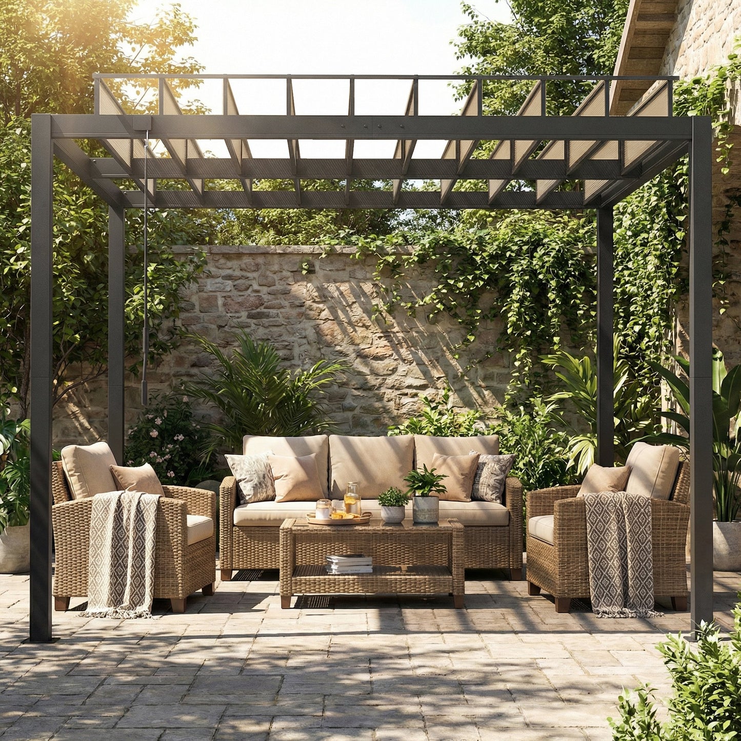 Outsunny 3x3 m Louvered Pergola With PC Roof Aluminium Patio Gazebo Canopy Drainage Gutters Coffee