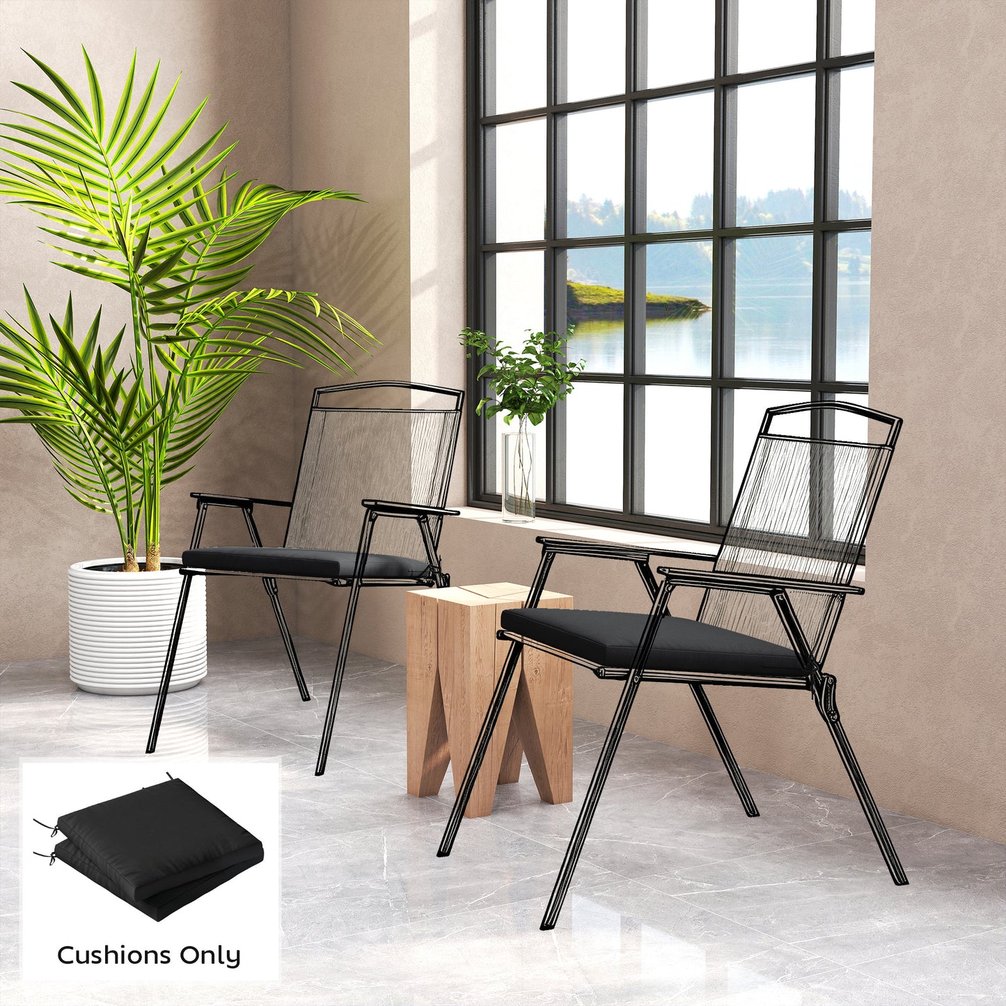 Outsunny Outdoor Seat Cushions Set Of 2 With Ties Waterproof Garden Pads Black 7cm High Density Foam