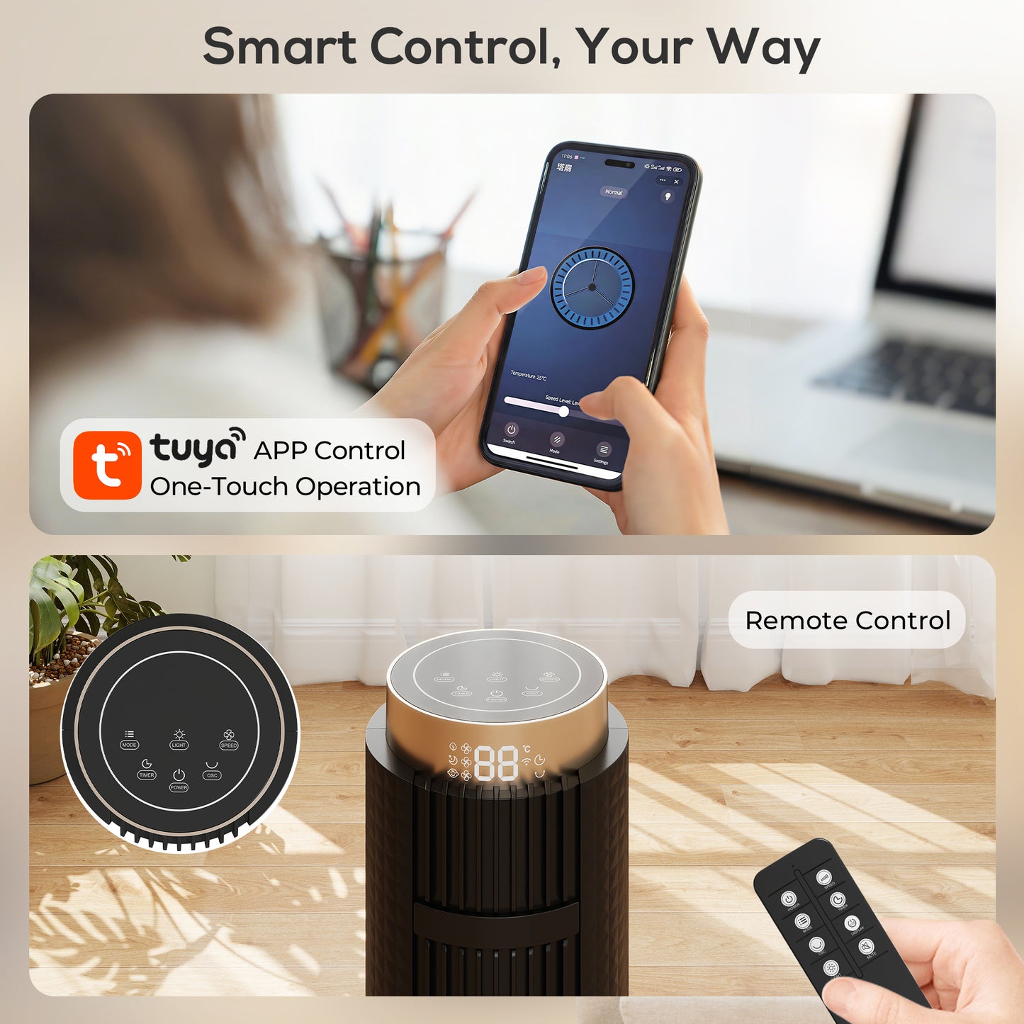 HOMCOM Tower Fan With WiFi App Control Standing Floor Fan 3 Speeds 4 Modes 12 Hour Timer Night Light Black