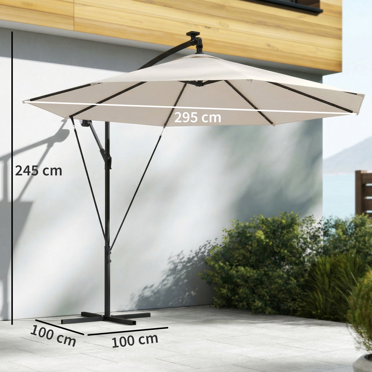 Outsunny 3 Meter Cantilever Parasol With Solar LED Lights Garden Umbrella Cream White Cross Base