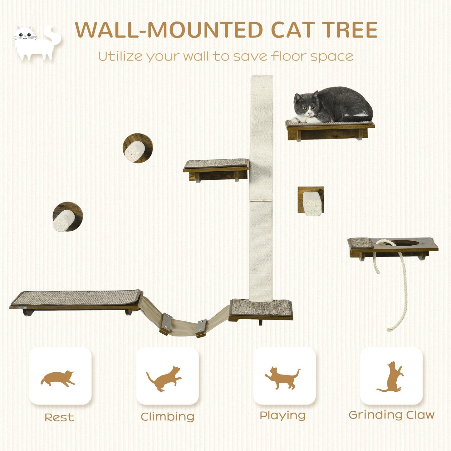 PawHut 8Pcs Cat Shelves with Scratching Posts, Perches, Ladder for Sleeping - ALL4U RETAILER LTD