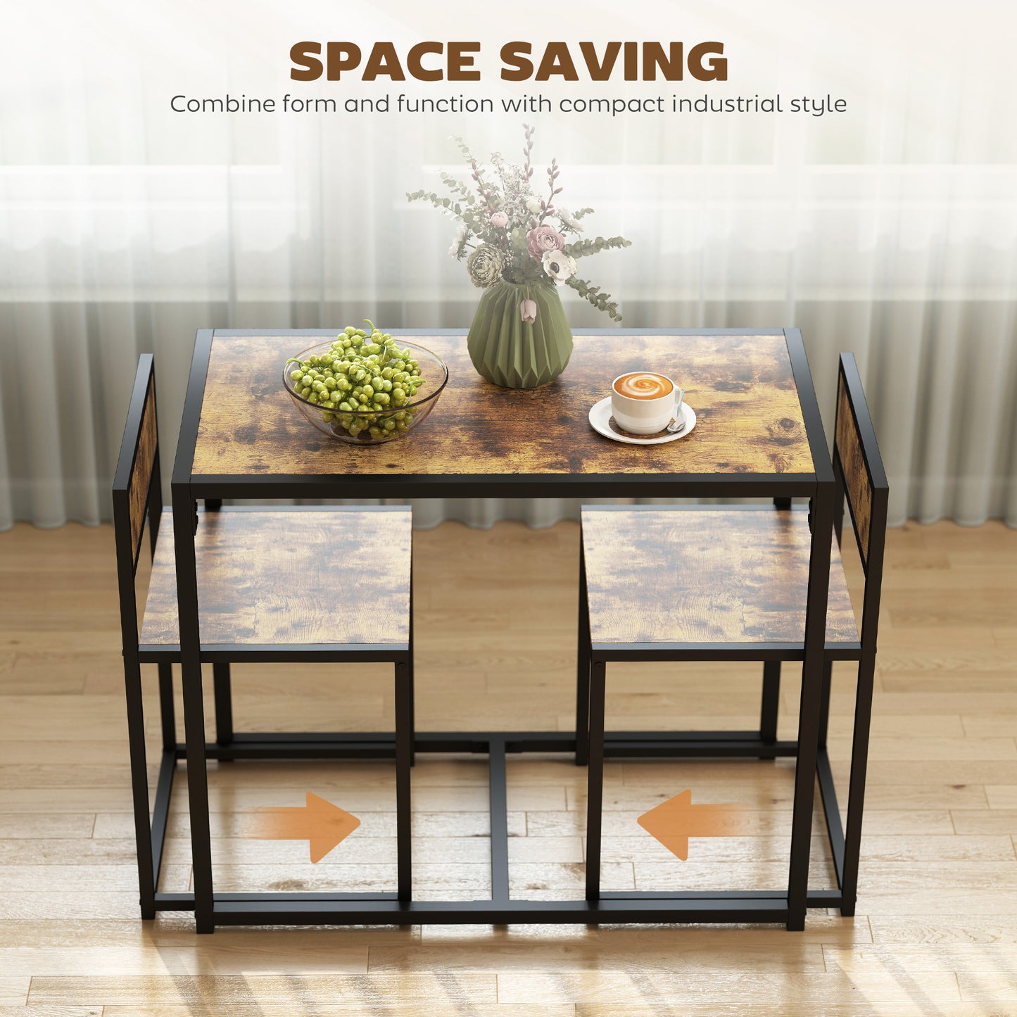 HOMCOM 3 Piece Table And Stool Set Rustic Brown For Kitchen Dining With Steel Frame And Chestnut MDF Panels