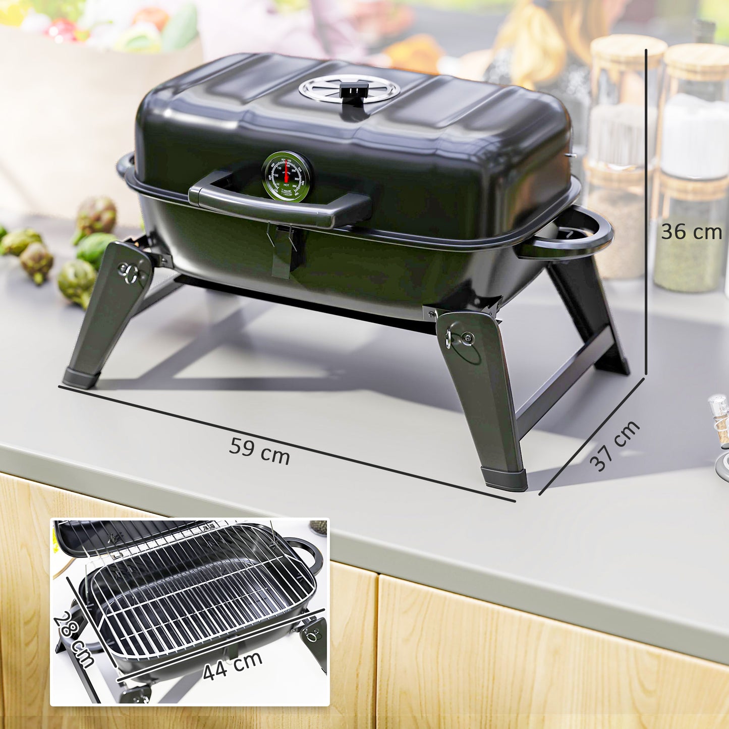 Outsunny Charcoal Folding Grill With 1232 Cm2 Cooking Area Adjustable Vent Thermometer Handles For Camping Picnic Black