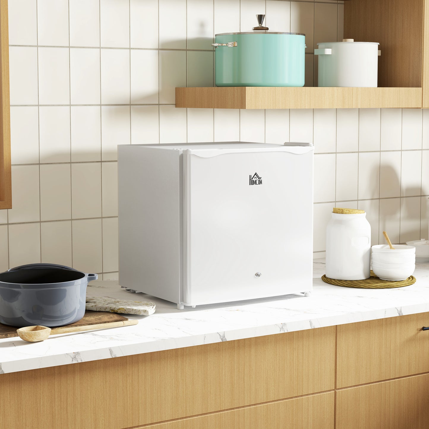 HOMCOM 46 Litre Lockable Countertop Fridge Cream White Ideal For Home Office Small Kitchen
