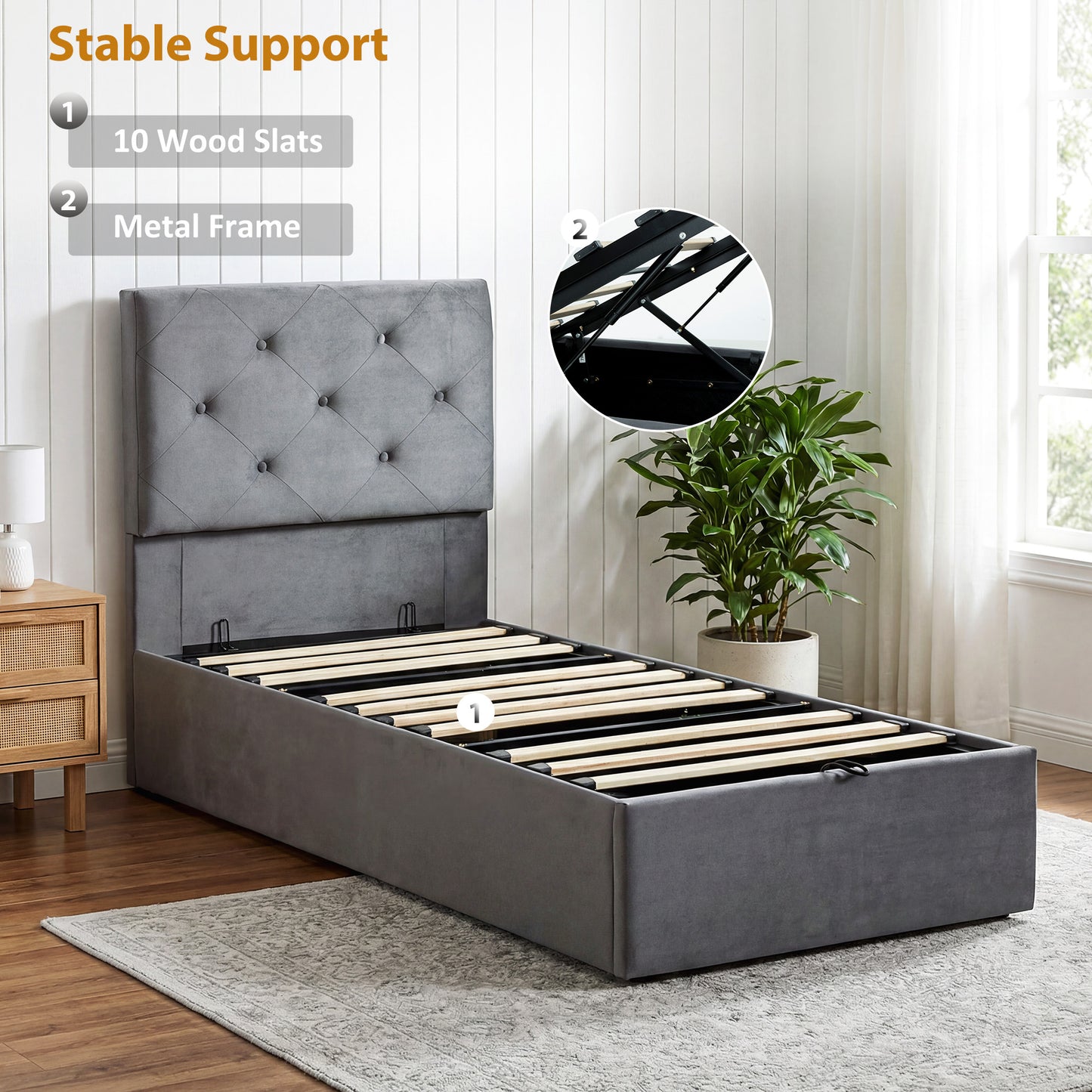 HOMCOM Bed Frame With Gas Lift Storage Under Bed Upholstered Platform Bed Tufted Headboard For 90 X 190 Cm Mattress
